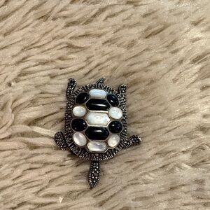 Sterling 925 Articulated Turtle Onyx Mother of Pearl Marcasite Brooch